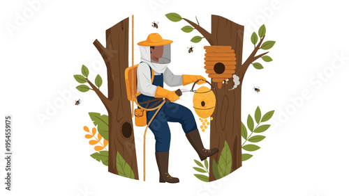 Beekeeper's Harmony: A skilled beekeeper tends to his hives amidst the natural landscape, tending to his bees. Demonstrating the essential connection between humans and nature.