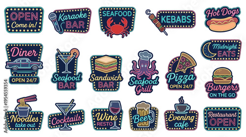 Retro neon restaurant signs and food labels | Vintage diner and bar light box collection in a colorful flat vector illustration style