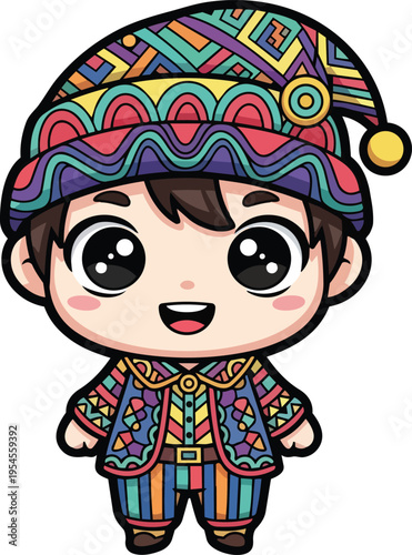 A cheerful cartoon boy wearing a vibrant hat and colorful outfit smiles widely standing indoors.
