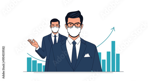 Illustration of two businessmen in face masks standing in front of a rising graph with blue bars on a clean white background.