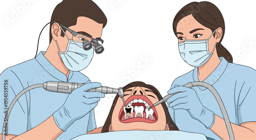 Dentist and dental hygienist examining a patient's teeth with dental tools in a clinical setting.