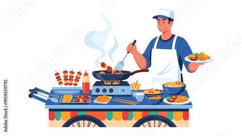 Culinary Street Vendor: An illustration of a street vendor, working at a vibrant food cart, diligently preparing an array of culinary delights, showcasing the hustle of the food industry.
