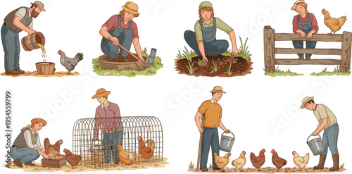 Farmers feeding chickens and working on poultry farm illustration set, rural agriculture lifestyle scenes with gardening, harvesting and animal care, vintage style vector collection