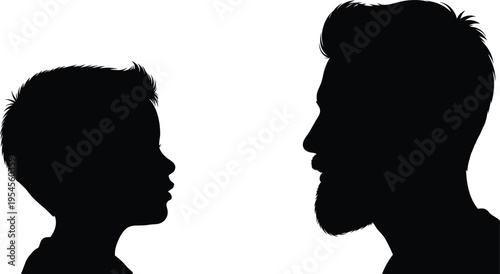Father and son silhouette profile facing each other illustrating family bond generation difference and parent child relationship isolated on white background