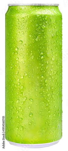 Green Cold soda can with water droplets isolated on white background with clipping path and copy space. Refreshing carbonated beverage concept showing drink container for product design.PNG File