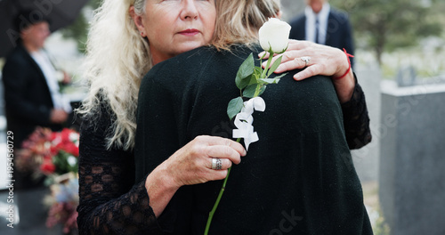 Cuadro en lienzo Woman, hug and funeral with rose for condolences, respect or mourning death together in cemetery