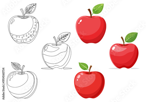 新鮮な赤リンゴのイラストセット、葉っぱ付き、カラーと線画、ベクターデータ