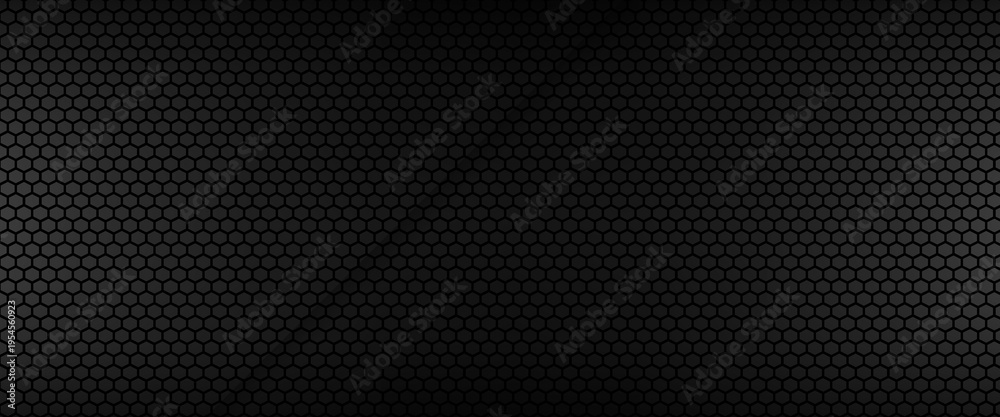 Naklejka premium Abstract Black Metallic Hexagon Mesh Background with Dark Carbon Fiber Texture, Modern Technology Honeycomb Pattern Backdrop for Industrial Design, Automotive, and Web Header