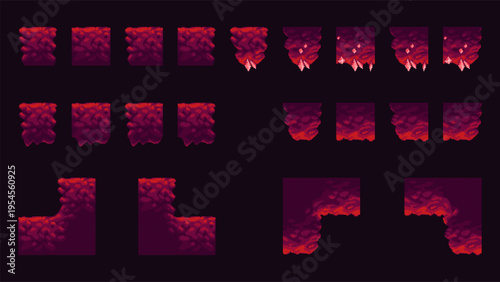 Retro 8 bit pixel cave tileset with ground blocks, platforms with small crystals. Modular elements for building underground game levels and terrain structures. Vector illustration set.