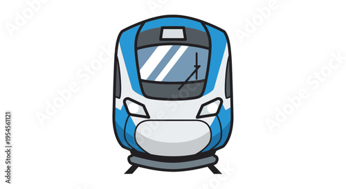 A blue and white train travels on tracks outdoors.