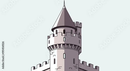 An illustration of a tall castle tower with a conical roof and battlements stands alone.