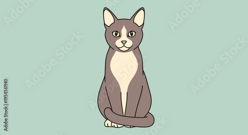 A brown and white cartoon cat sits on a green background looking ahead.