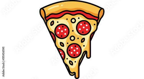 A slice of pepperoni pizza with melted cheese and toppings is shown.