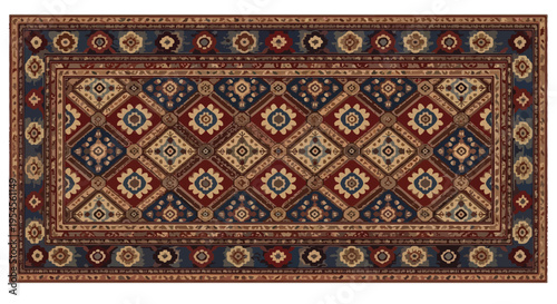 Vibrant rectangular rug with intricate geometric patterns in shades of blue, red, and beige on a white background.