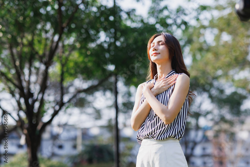 Photography Young woman finding gratitude and inner peace outdoors