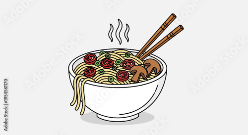 A steaming bowl of noodles with tomatoes and chopsticks on a table indoors.