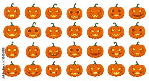 A grid of thirty-five carved Halloween pumpkins with varying illuminated spooky faces, showcasing a variety of emotions and expressions for the spooky season