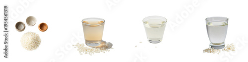 set of pictures for Traditional Japanese sake served in a small ceramic cup with a wooden masu box