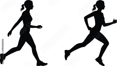 Female running silhouette collection showing jogging and sprinting athlete in motion, fitness workout, healthy lifestyle, cardio training concept isolated on white background illustration