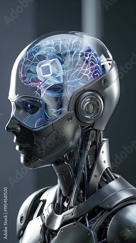 Humanoid robot head with visible digital brain, artificial intelligence concept, futuristic technology, innovation and robotics.