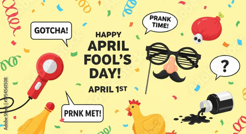 Happy april fool's day celebration with prank items and confetti on yellow background