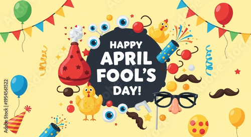 Colorful april fools' day celebration with festive decorations and prank items on yellow background