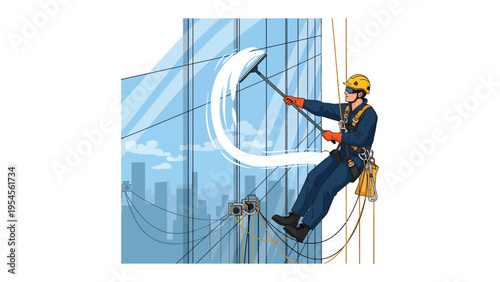High-Rise Window Cleaning: A brave worker, suspended from ropes, tackles the towering facade of a skyscraper, ensuring a spotless view.