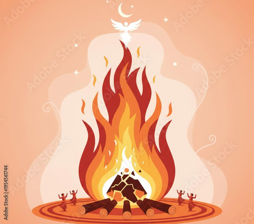 Vibrant cultural bonfire festival with joyful dancing silhouettes and an ethereal spirit ascending into the night sky, symbolizing community and ancient traditions