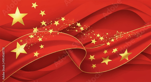 Vibrant red chinese flag with golden stars and wavy silk texture background