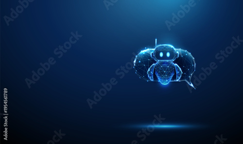 3d blue speech bubble with robot inside. AI communication, chatbot interaction, virtual assistant messaging, automated support, customer service automation concept.