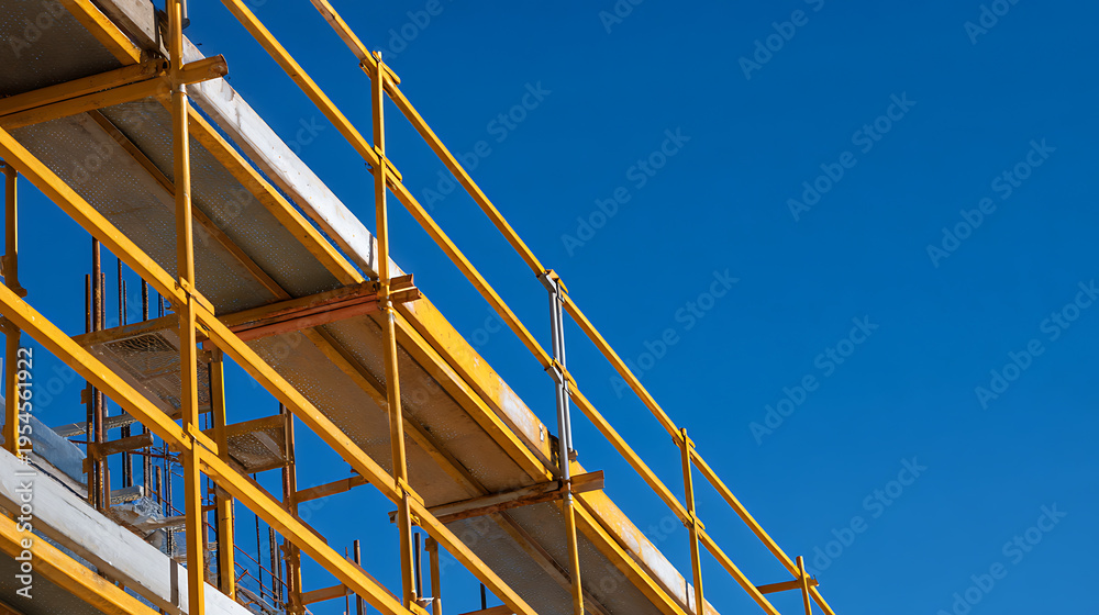 Naklejka premium Bright Yellow Scaffolding Detail on a Building Site with Clear Blue Sky, Modern Construction Framework, Safety Structure, and Workplace Scene