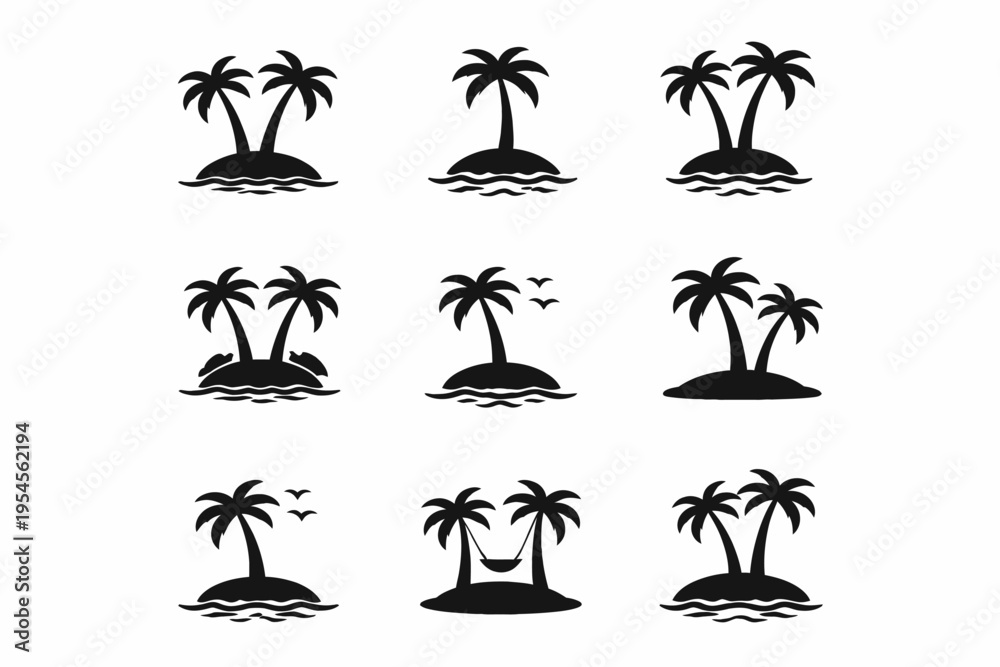 Fototapeta premium Collection of palm tree island silhouettes with birds and waves