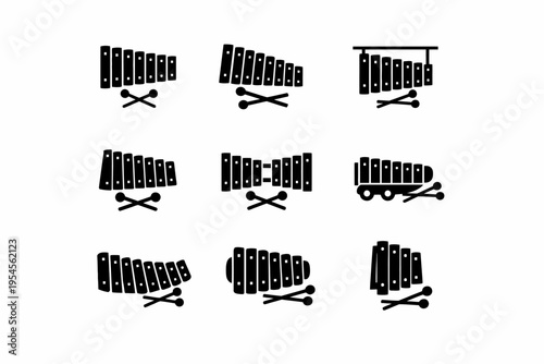 Set of nine xylophone silhouettes with mallets in various arrangements