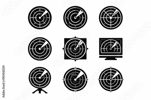 Black radar icons set displaying various radar designs and monitor interface
