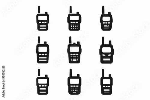 Set of nine simple black portable walkie-talkie icons