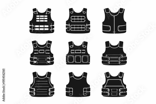 Set of nine black military tactical vests icons on white background