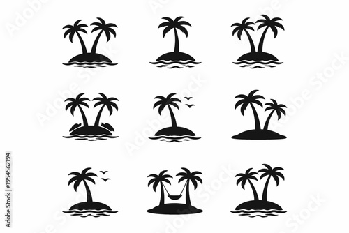 Collection of palm tree island silhouettes with birds and waves