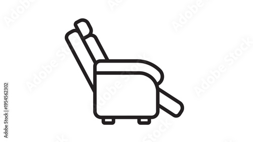 Recliner chair outline icon with padded armrests and adjustable footrest for relaxation and comfort.