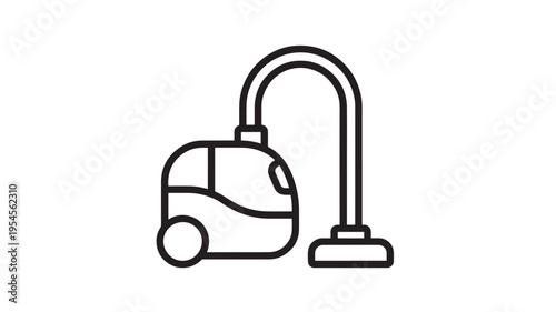 Vacuum cleaner icon with a hose and floor brush, minimalist design in black line art style featuring cleaning, appliance, household with home and
