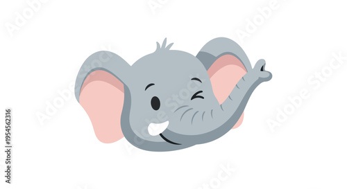 Cartoon elephant head with a smiling face and winking eye on a white background.