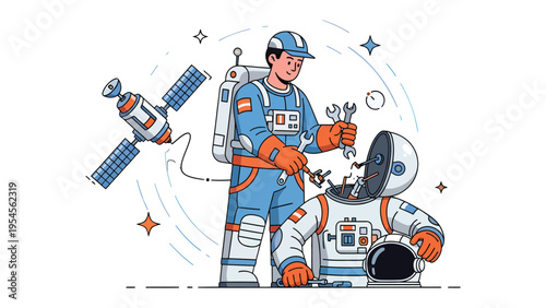 Astronaut's Space Suit Repair: An astronaut meticulously repairs a spacesuit, showcasing the dedication to space exploration and the intricate nature of space travel.