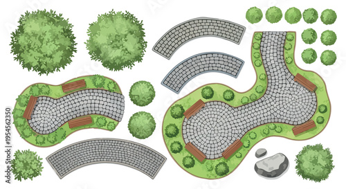 Landscape design garden elements vector set, top view park map constructor with stone paths and green trees, outdoor architectural site plan isolated PNG with Transparent Background