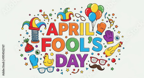 Colorful april fools' day celebration graphic with whimsical illustrations and bold typography on white background