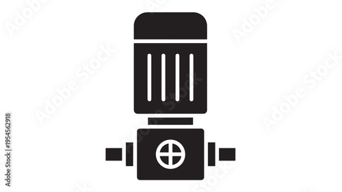 Pump industrial machine with intake and outlet pipes and a control valve, simple black icon. featuring equipment, motor, engine with pipe and