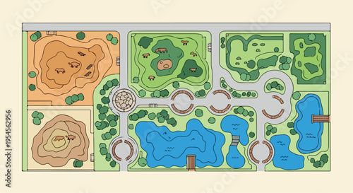 Zoo map vector illustration, wildlife park layout with animal enclosures and ponds, top view landscape plan for safari park or botanical garden isolated PNG with Transparent Background