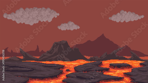 Pixel art lava landscape with rocky formations, flowing magma and clouds in a dark fantasy environment. Seamless horizontal background for video games. Vector side scrolling scene.
