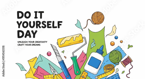 Colorful diy craft supplies scattered with text 'do it yourself day' on white background