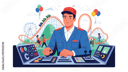 Theme Park Operator: A composed theme park operator, stands confidently behind a control panel, overseeing a lively amusement park scene with roller coasters and delighted visitors.