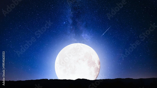 Blue hour time with lunar eclipse, stars and planets above landscape silhouettes.