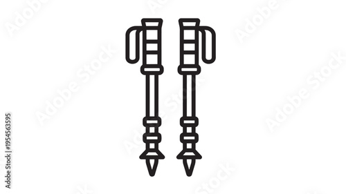 Trekking poles black line icon set with adjustable handles and pointed tips for outdoor adventures and hiking support